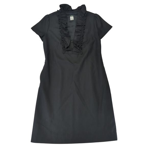 J.Crew Y2K Black Shift Dress Sz 6 100% Wool Ruffle Short Sleeve Midi Knee Length - Picture 1 of 8